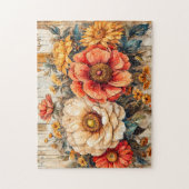 Cream Peony and Orange Zinnia on Wood ジグソーパズル (縦)