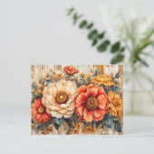 Cream Peony and Orange Zinnia on Wood ポストカード (スタンド正面)