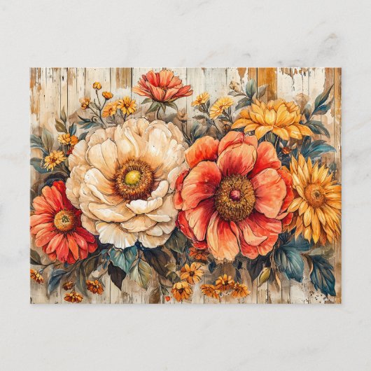 Cream Peony and Orange Zinnia on Wood ポストカード (正面)