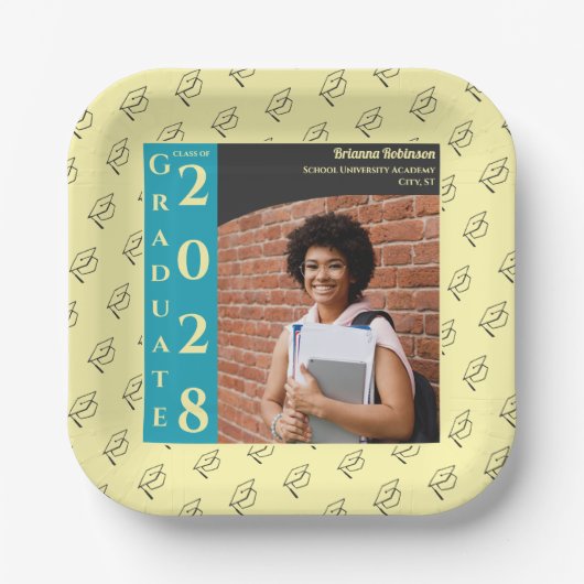 Cream Photo Modern Graduation Cap Party ペーパープレート (正面)