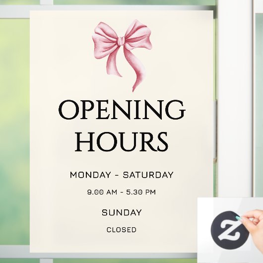 Cream Pink Bow Opening Hours Small Business ウィンドウサイン (ホーム)