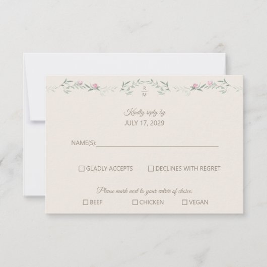 Cream Pink Foliage Monogram RSVP Response Card (正面)