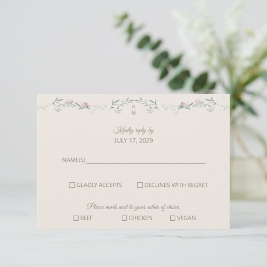 Cream Pink Foliage Monogram RSVP Response Card (スタンド正面)
