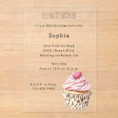 Cream Pink Heart Cupcake Leopard Birthday アクリル招待状 (正面)