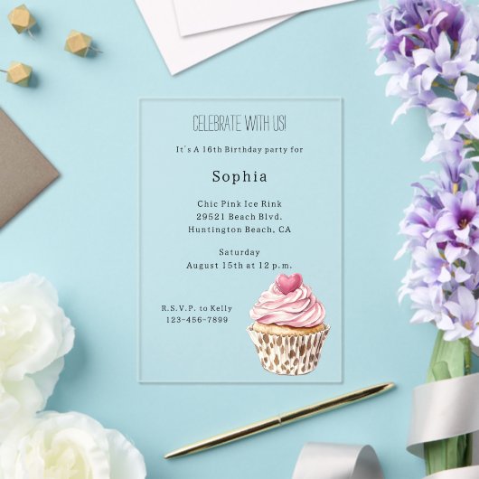 Cream Pink Heart Cupcake Leopard Birthday アクリル招待状 (インサイチュ (ウェディング))