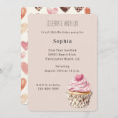 Cream Pink Heart Cupcake Leopard Birthday 招待状 (正面/裏面)