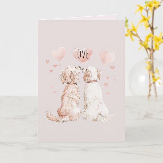 Cream Pink Hearts Dog Love カード (黄色い花)