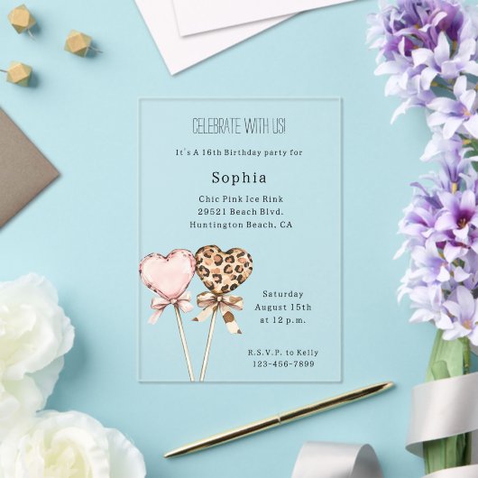 Cream Pink Leopard Hearts Birthday アクリル招待状 (インサイチュ (ウェディング))
