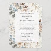 Cream Poinsettia Blue Floral Wedding 招待状 (正面/裏面)