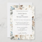 Cream Poinsettia Blue Floral Wedding 招待状 (正面)