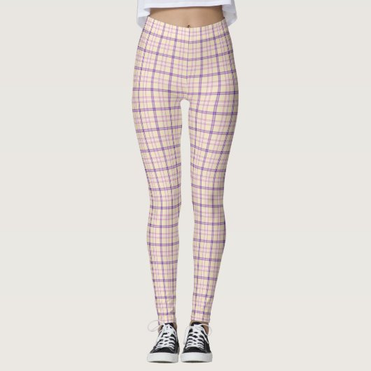 Cream Purple Plaid Classic Pattern Retro レギンス (正面)