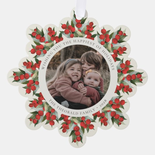 Cream Red Berries+Greenery Holiday Paper オーナメントカード (正面)