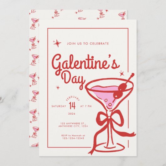 Cream Red Bow Cocktail Galentine’s Day 招待状 (正面/裏面)