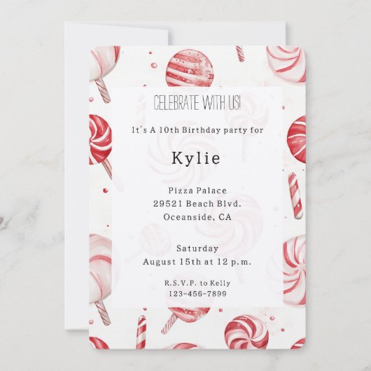 Cream Red Candy Cane Stripes Lollipops Birthday   招待状 (正面)
