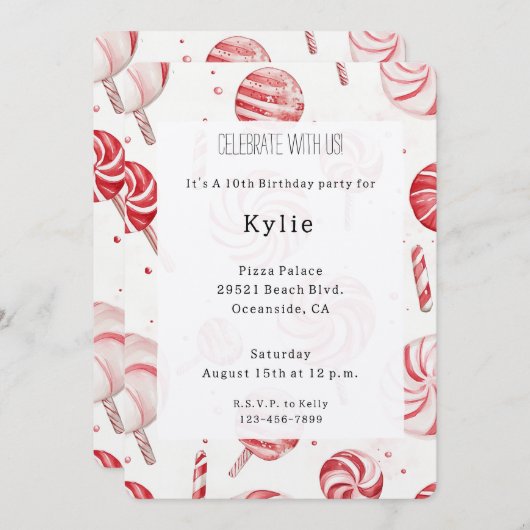Cream Red Candy Cane Stripes Lollipops Birthday   招待状 (正面/裏面)