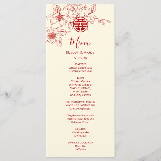 Cream Red Magnolia Chinese Wedding Menu Card メニュー (正面)