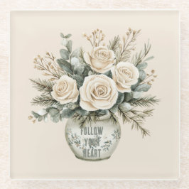 Cream Roses in Vase Floral ガラスコースター