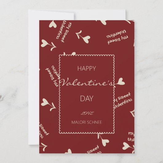 Cream Script Hearts on Burgundy– Valentine pattern シーズンカード (正面)