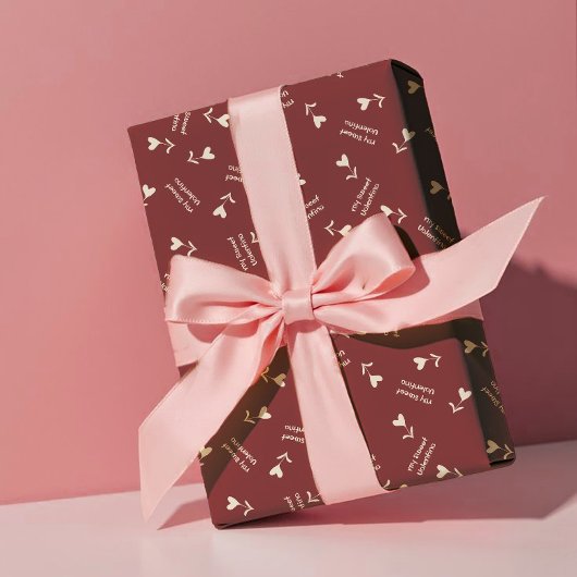 Cream Script Hearts on Burgundy– Valentine pattern ラッピングペーパーシート