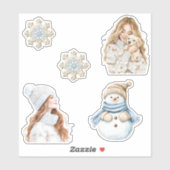 Cream Snowflakes Blue Christmas Girl Snowman Dog シール (シート)