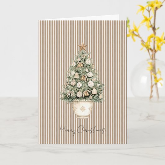 Cream Stripes Christmas Tree Star Ornaments カード (黄色い花)