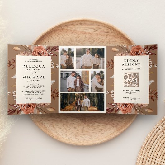 Cream Terracotta Floral QR Code Beige Tan Wedding 三つ折り招待状