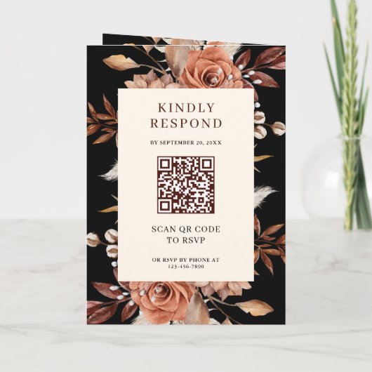 Cream Terracotta Floral QR Code Black Wedding 招待状 (裏面)