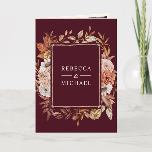 Cream Terracotta Floral QR Code Burgundy Wedding 招待状 (正面)