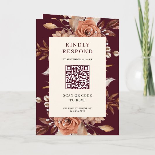 Cream Terracotta Floral QR Code Burgundy Wedding 招待状 (裏面)