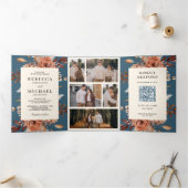 Cream Terracotta Floral QR Code Dusty Blue Wedding 三つ折り招待状 (内部)