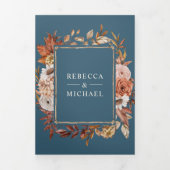 Cream Terracotta Floral QR Code Dusty Blue Wedding 三つ折り招待状 (カバー)