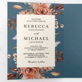 Cream Terracotta Floral QR Code Dusty Blue Wedding 三つ折り招待状 (内部最初)