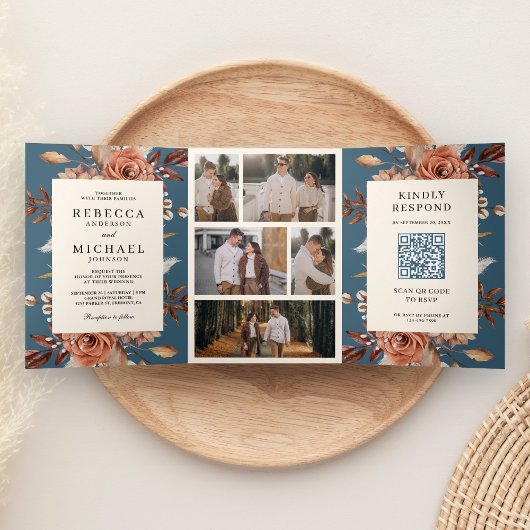 Cream Terracotta Floral QR Code Dusty Blue Wedding 三つ折り招待状