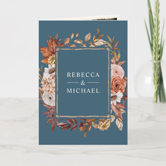 Cream Terracotta Floral QR Code Dusty Blue Wedding 招待状 (正面)