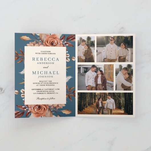 Cream Terracotta Floral QR Code Dusty Blue Wedding 招待状 (内部)