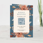 Cream Terracotta Floral QR Code Dusty Blue Wedding 招待状 (裏面)