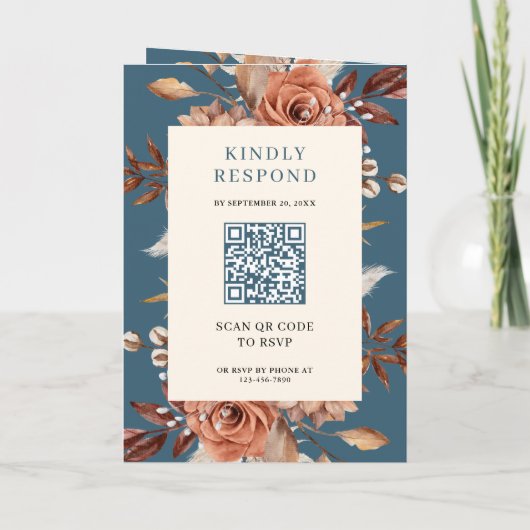Cream Terracotta Floral QR Code Dusty Blue Wedding 招待状 (裏面)