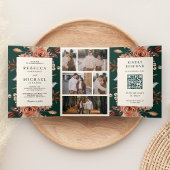 Cream Terracotta Floral QR Code Emerald Wedding 三つ折り招待状