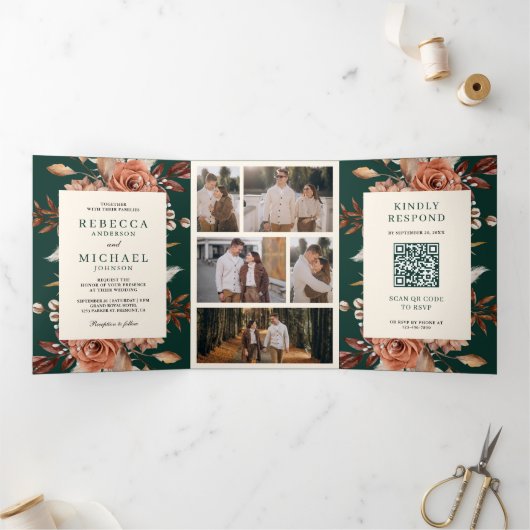 Cream Terracotta Floral QR Code Emerald Wedding 三つ折り招待状 (内部)