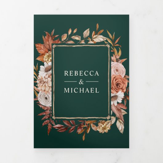 Cream Terracotta Floral QR Code Emerald Wedding 三つ折り招待状 (カバー)