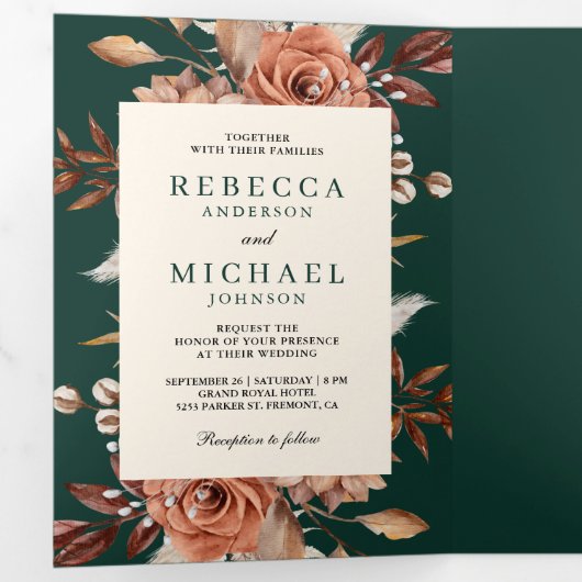 Cream Terracotta Floral QR Code Emerald Wedding 三つ折り招待状 (内部最初)