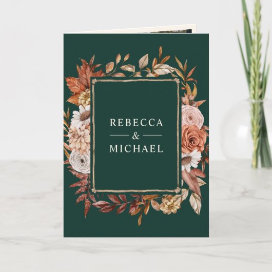 Cream Terracotta Floral QR Code Emerald Wedding 招待状 (正面)