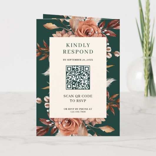 Cream Terracotta Floral QR Code Emerald Wedding 招待状 (裏面)