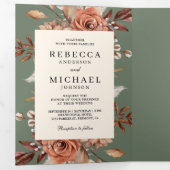 Cream Terracotta Floral QR Code Sage Green Wedding 三つ折り招待状 (内部最初)