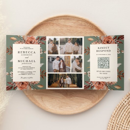 Cream Terracotta Floral QR Code Sage Green Wedding 三つ折り招待状
