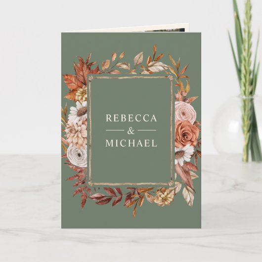 Cream Terracotta Floral QR Code Sage Green Wedding 招待状 (正面)