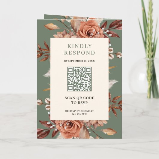 Cream Terracotta Floral QR Code Sage Green Wedding 招待状 (裏面)