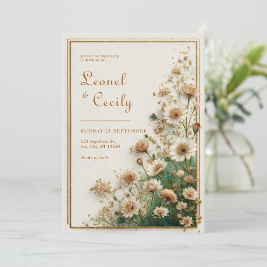 Cream Textured Gold Astrantia Wedding 招待状 (スタンド正面)