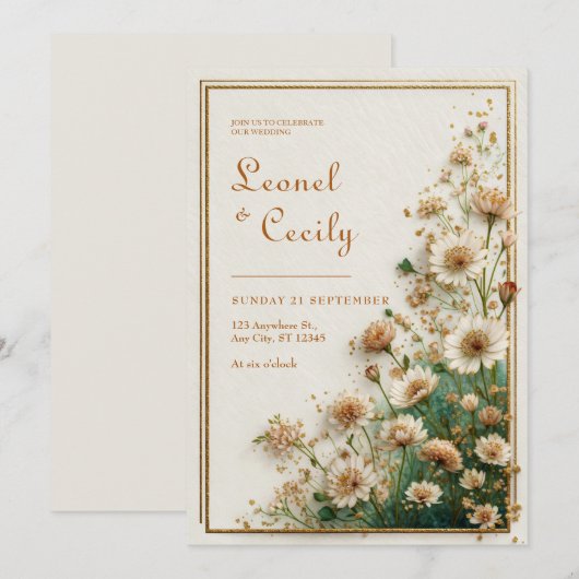 Cream Textured Gold Astrantia Wedding 招待状 (正面/裏面)