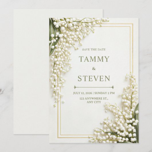 Cream Textured Lily Valley Gold Frame Wedding 招待状 (正面/裏面)